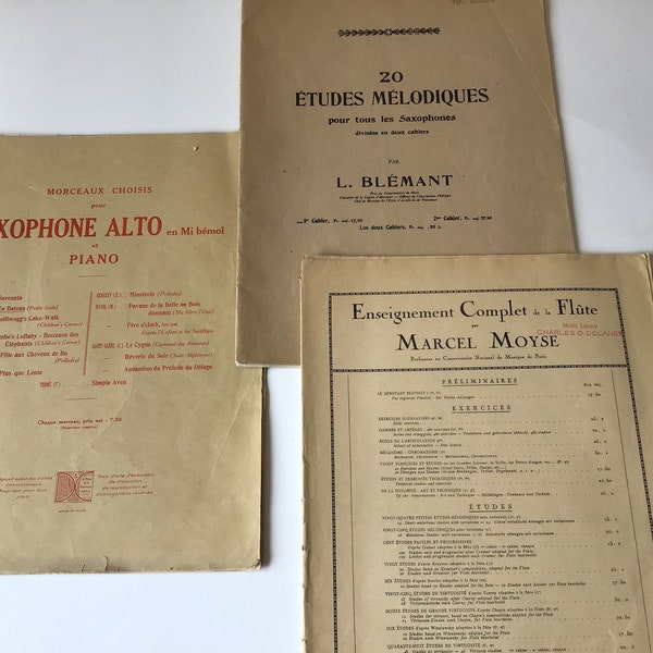 Three antique French France Music Sheet Books Flute and Saxophone