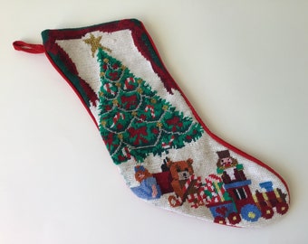Vintage Embroidered Needlepoint Christmas Stocking Christmas Tree and Presents
