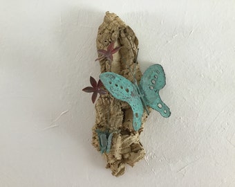 Mid Century Modern Vintage Brutalist Metal Cork Wall Hanging Butterfly and Flowers Signed