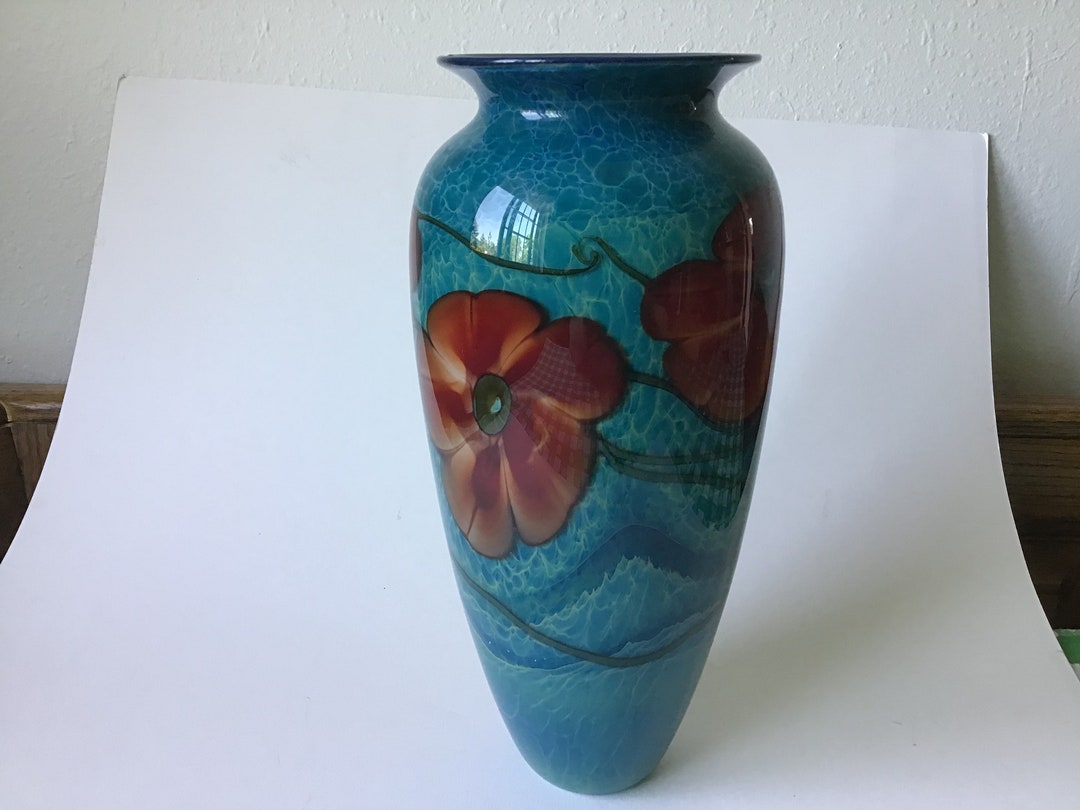 Richard Satava Art Glass Studio Vase Red Flowers 223697 Etsy