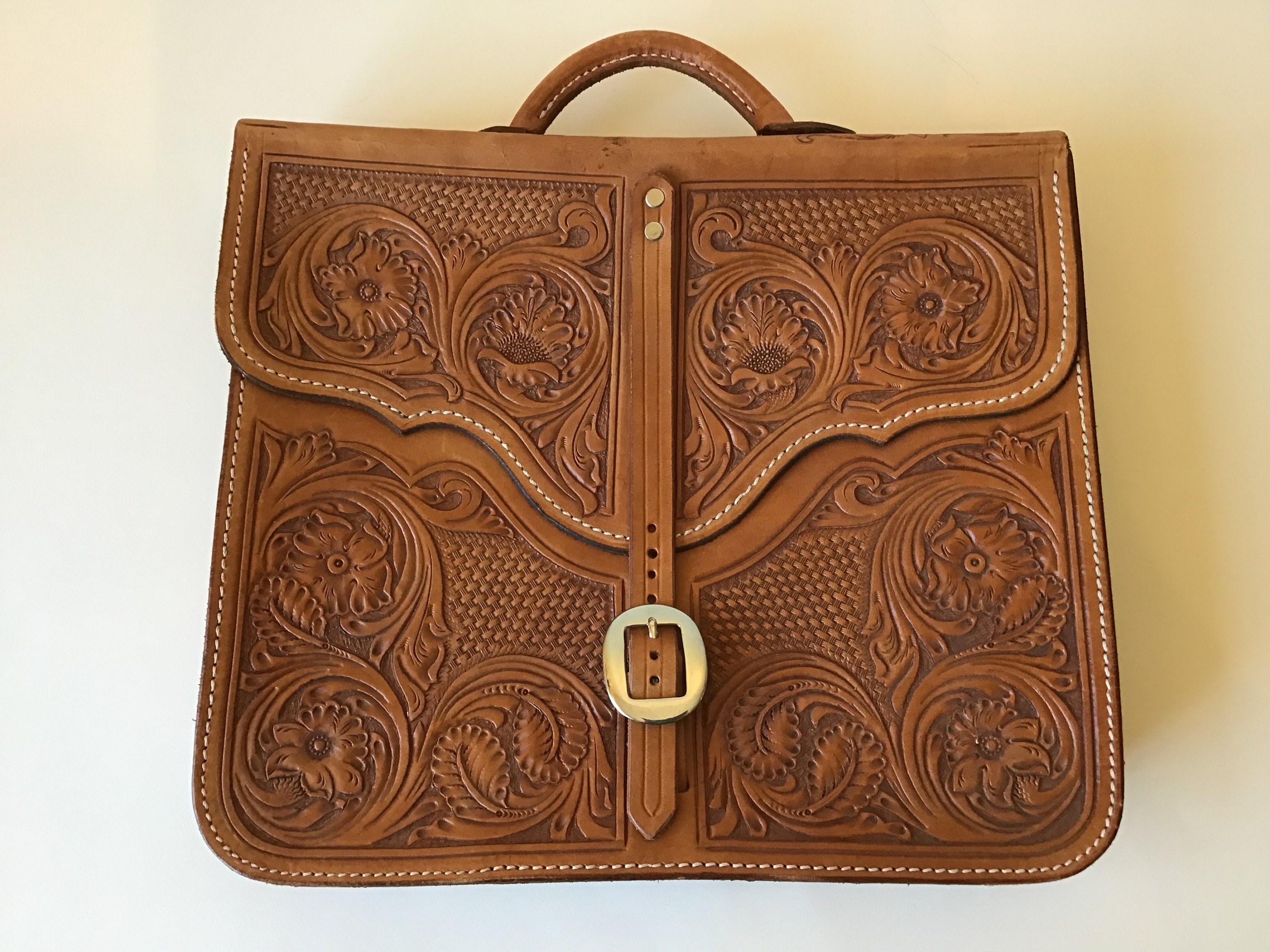 Vintage Tooled Leather Briefcase Computer Bag Etsy