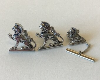 Vintage Swank Egyptian Lions with diamonds Cuff Links and Tie Tack