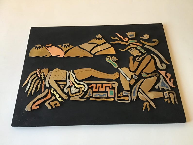 Aztec Copper Statue Vintage Los Castillo Style Mayan Aztec Copper Brass Metal Stone Inlay ...