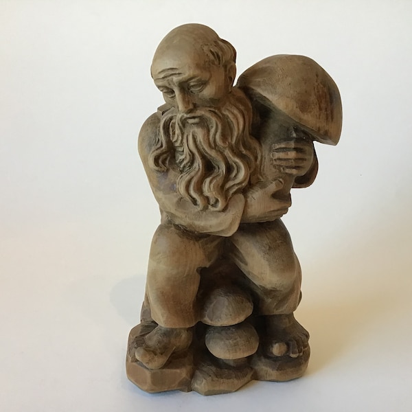 Vintage W.u.M Heinzeller Oberammergau Wood Carving Sculpture Man with Mushrooms