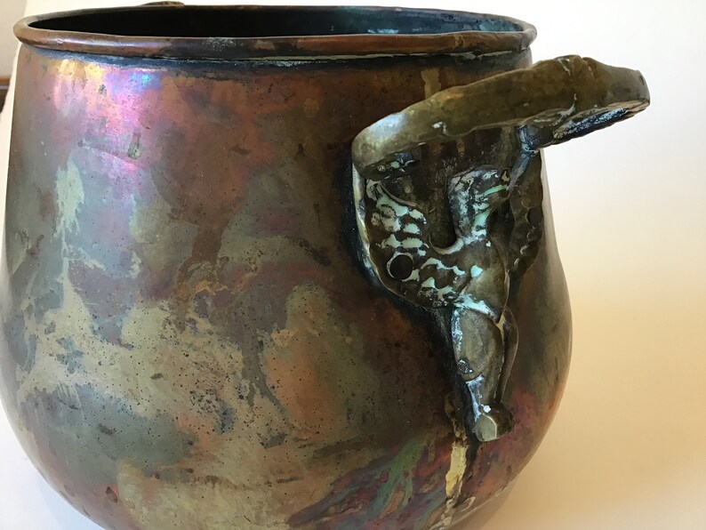 Vintage Copper Handled Pot Cauldron Planter with Fancy Bird Handles image 7