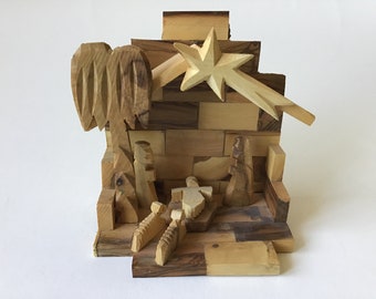 Hand Carved Olive Wood Israel Nativity Scene in Stable