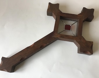 Vintage Large Wooden Cross with Stained Glass Center