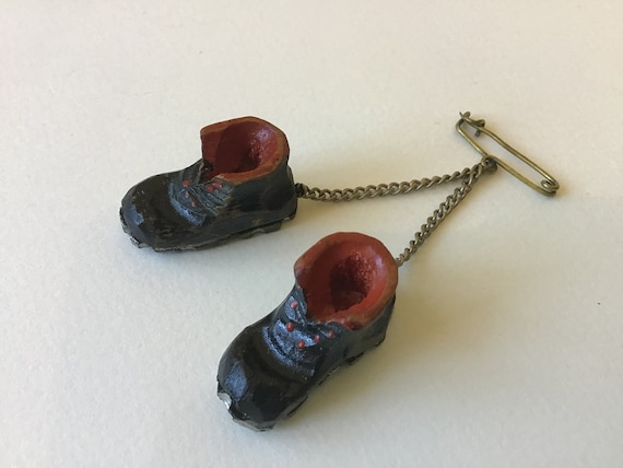 Antique Little Carved Wooden Shoes Hiking Boots Brooch Pin Germany