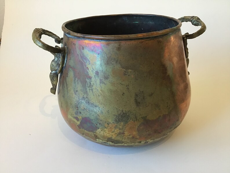 Vintage Copper Handled Pot Cauldron Planter with Fancy Bird Handles image 8