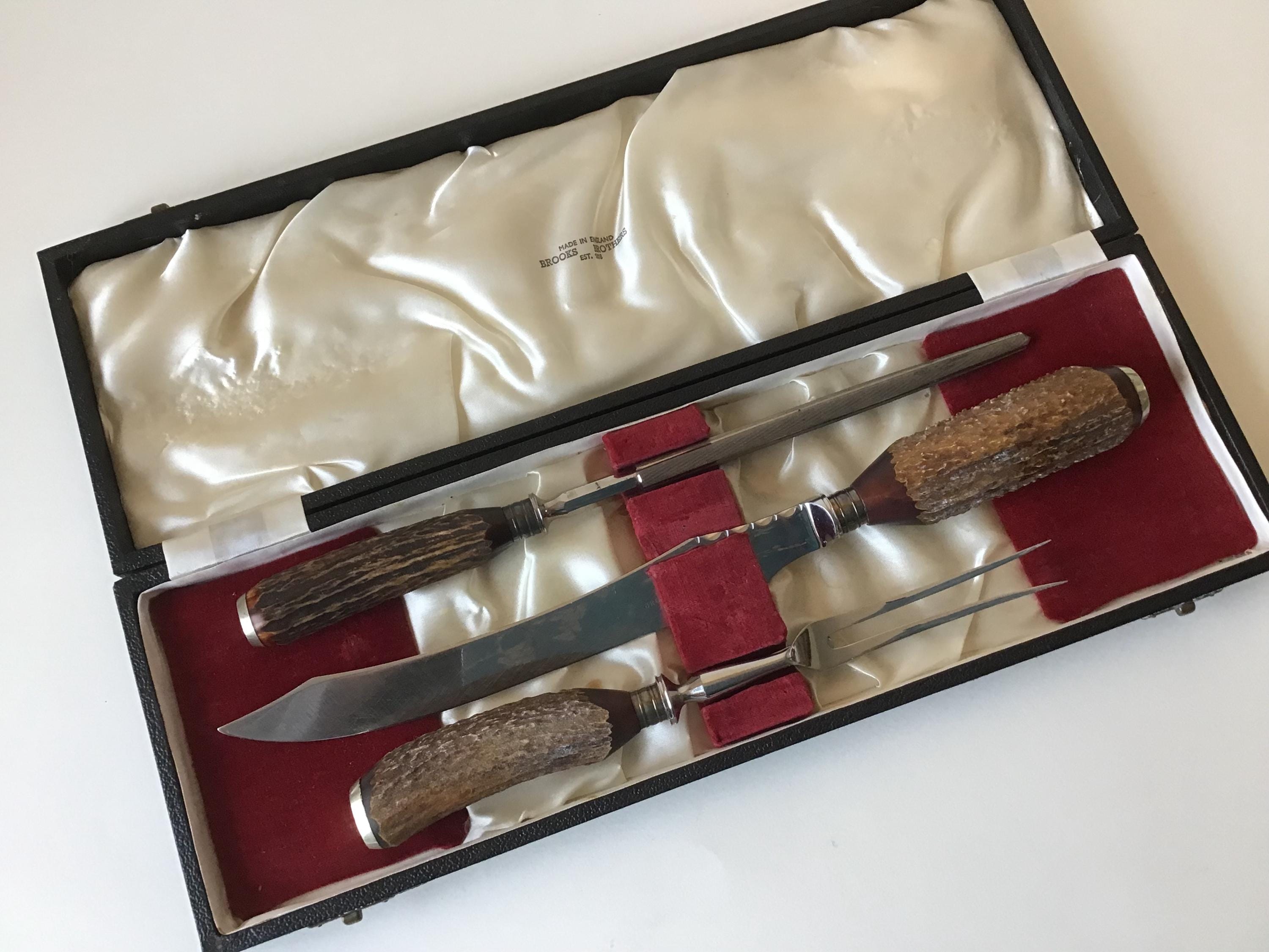 Vintage Brooks Brothers England Carving Knife Fork Set Stag Horn