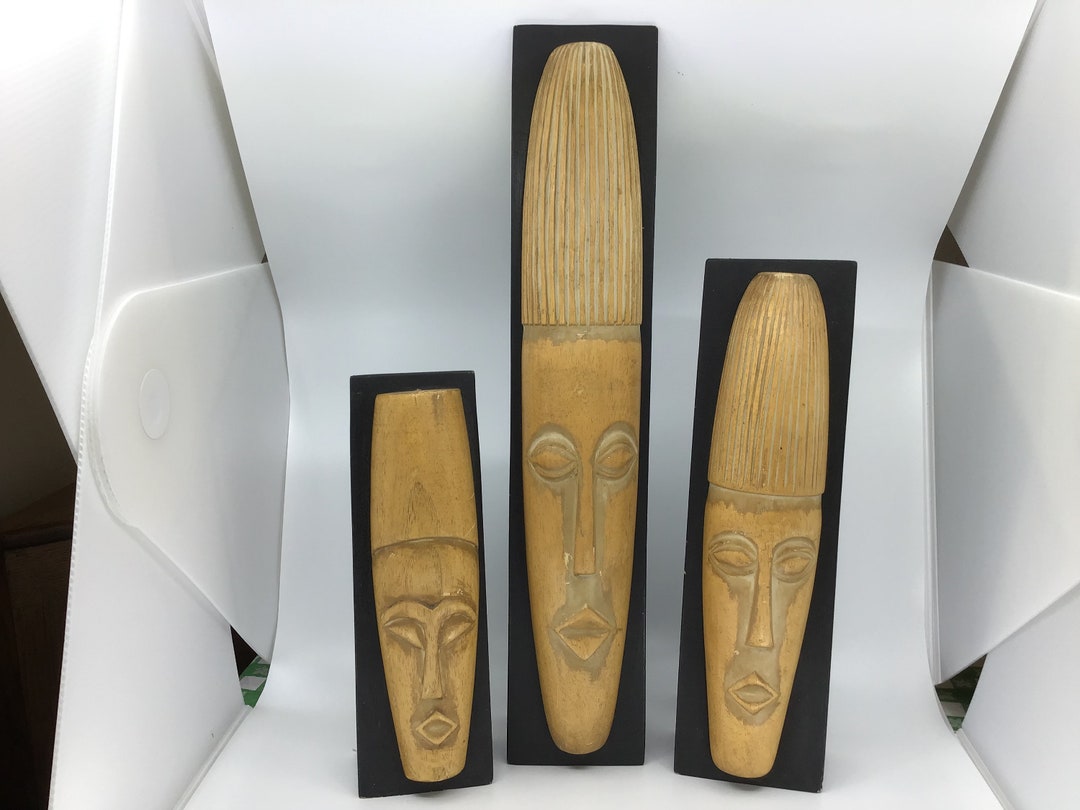 Vintage Mid Century Modern Wood Bamboo Three Tribal Faces Figures ...