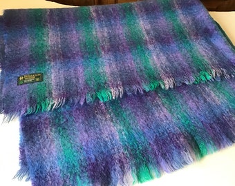 Vintage John Hanley Ireland Mohair Wool Purple Stripes Throw Blanket 60x41