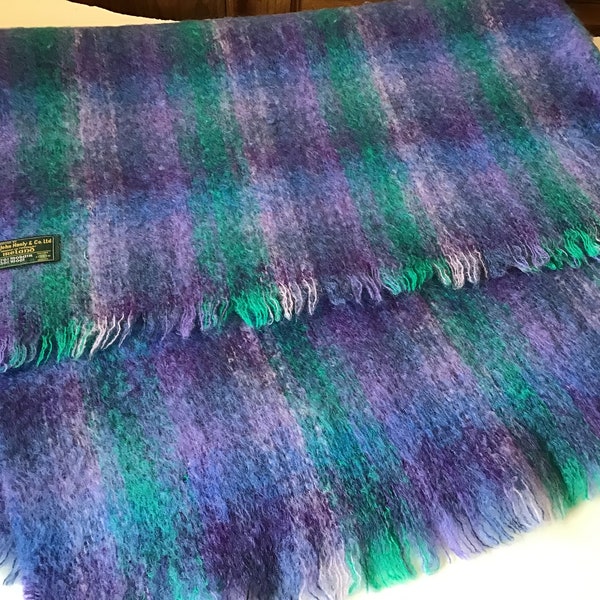 Vintage John Hanley Ireland Mohair Wool Purple Stripes Throw Blanket 60x41