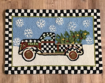 Mackenzie Childs Wool Christmas Farm Truck Rug 2x3 feet