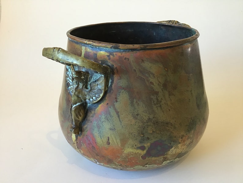 Vintage Copper Handled Pot Cauldron Planter with Fancy Bird Handles image 2