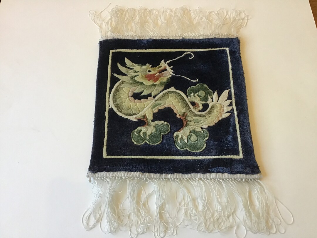Vintage Chinese Small Blue Woven Rug With Dragon 1 Etsy