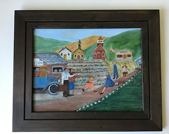 Vintage Primitive Folk Art Painting Signed Farm School House Family