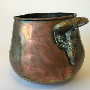 Vintage Copper Handled Pot Cauldron Planter with Fancy Bird Handles image 1