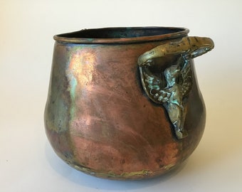 Vintage Copper Handled Pot Cauldron Planter with Fancy Bird Handles