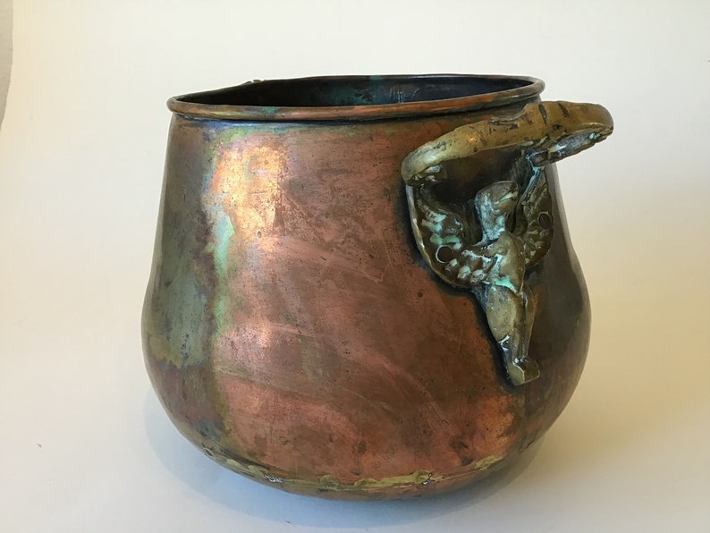 Vintage Copper Handled Pot Cauldron Planter with Fancy Bird Handles image 1