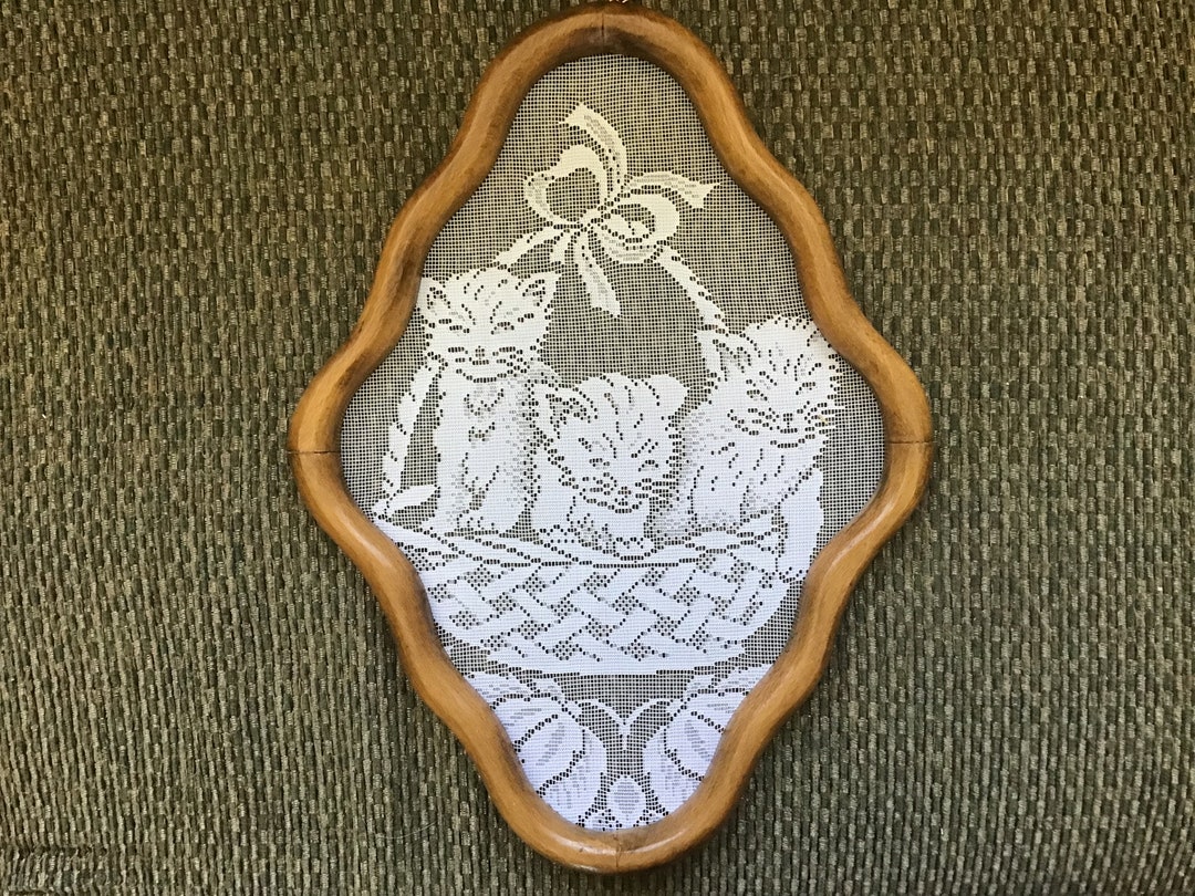 Vintage Dutch Holland Framed Lace Window Screen Three Kittens in Basket ...