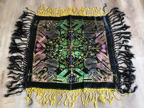 Vintage Taj Mahal Silk Satin Fringe Piano Scarf Shawl 1940’s