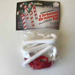 May include: A Christmas ornament kit with white foam candy cane shapes and red and white ribbon. The kit includes instructions and materials to make mini candy canes.