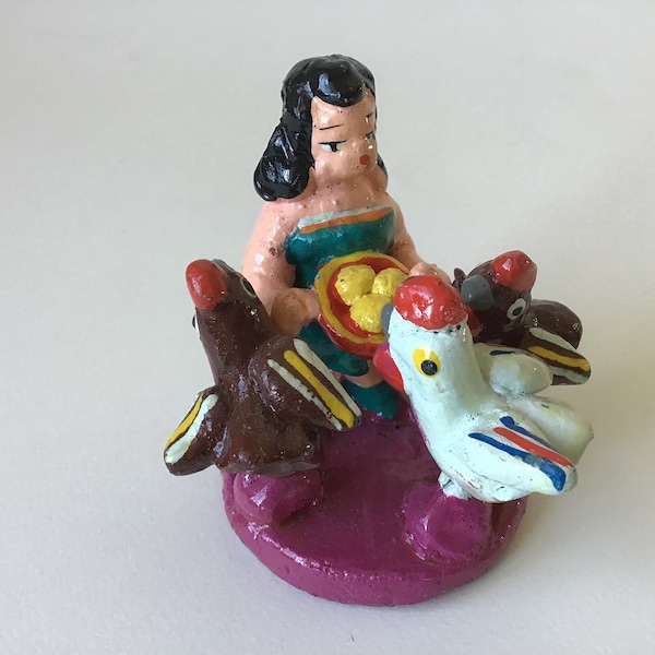 Vintage Mexican Clay Pottery Folk Art Woman with Chickens Figurine