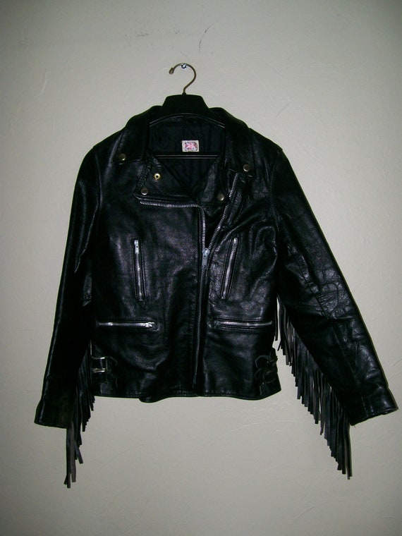 Vintage Ladies Made In England Black Leather Fringe Biker England Black Leather Fringe Biker