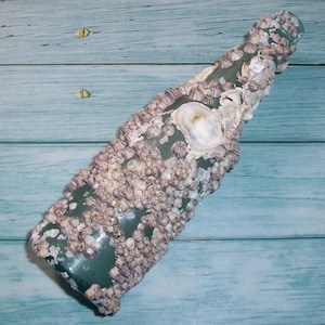 May include: A clear glass bottle covered in barnacles. The bottle is a light green color and is covered in clusters of small, beige and purple barnacles. The bottle is lying on a light blue wooden surface.