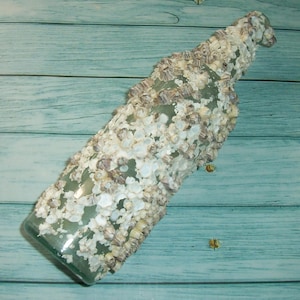 May include: A clear glass bottle encrusted with barnacles. The barnacles are a mix of white, tan, and gray, covering the entire surface of the bottle. The bottle is positioned diagonally against a light blue wooden background.