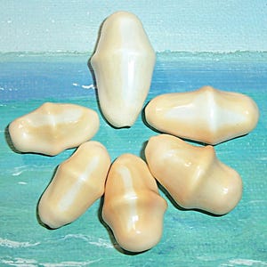 May include: Six smooth, cream-colored ceramic beads arranged in a circular pattern. Each bead features a distinct central ridge and a glossy, polished finish, with subtle variations in tone ranging from off-white to light beige across the surfaces.