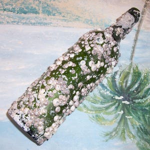 large ANTIQUE, Vintage Lime Green Glass Ocean Found Liquor Bottle covered with BARNACLES