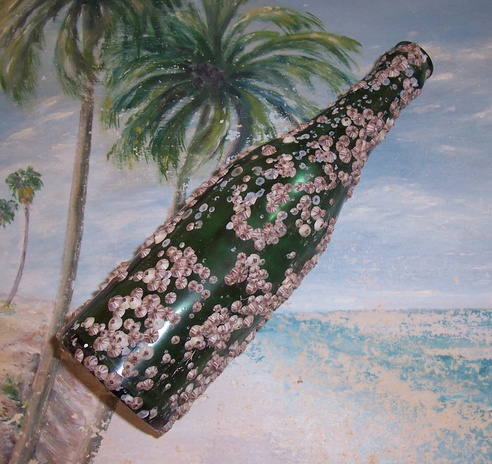 ANTIQUE, Vintage Teal Green OCEAN Found Soda Bottle Encrusted with BARNACLES