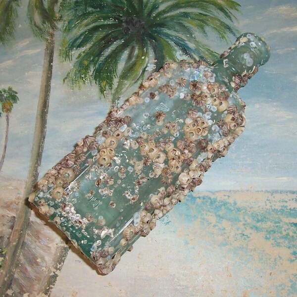 ANTIQUE, Vintage OCEAN Found dark Aqua BARNACLE Encrusted Medicine Bottle