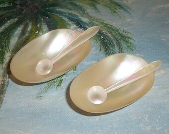 Set/2 ANTIQUE Mother of Pearl TURBAN Shell Salt Serving Bowl, Dish w/ SPOONS #2