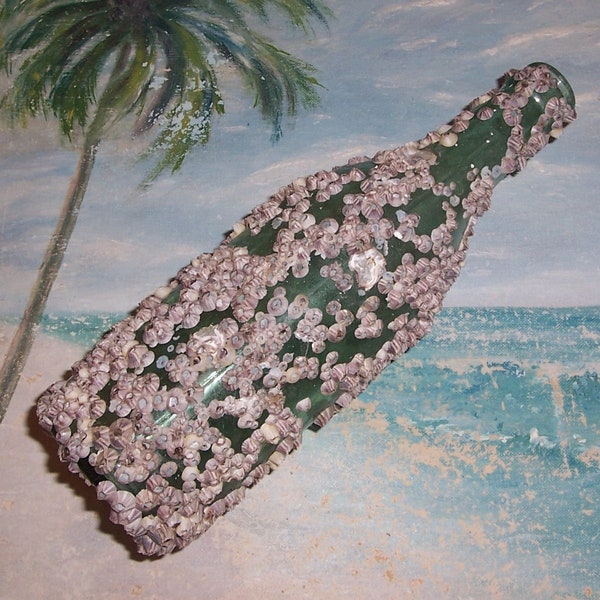 large ANTIQUE, Vintage dark Aqua OCEAN Found Bottle Encrusted with BARNACLES & Oyster Shells