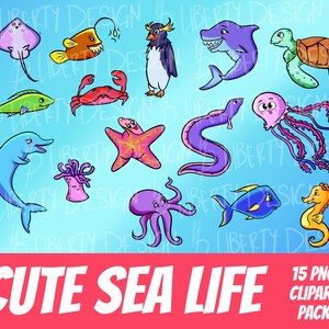 15 SEA CREATURE CLIPART pack Silly Goofy animal cartoons Full Commercial rights!