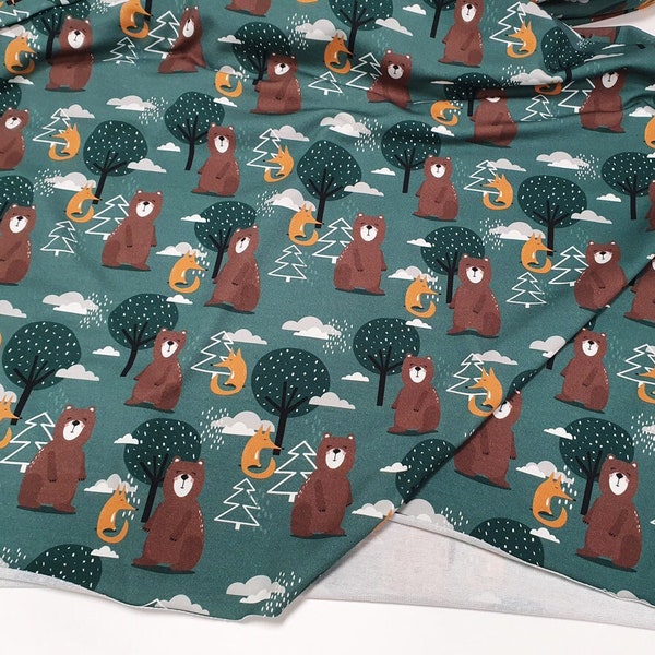 Tissu tricoté avec des animaux par mètre, des ours et des renards imprimés | Tissu éponge stretch bois d'hiver à coudre bébé garçon, vêtements enfant |Soldes|B
