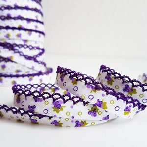 3 yards Double Fold Bias, Purple Grape Bias Tape, Floral Bias Binding, Green Bias Trim, Lace Edged Bias Binding, Lace Trim, DIY Supplies