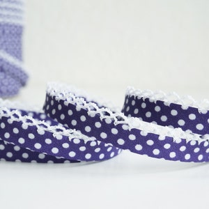 3 yards Purple Polka Dots Lace Trim, Double Fold Bias Tape,Lace Edged Binding Tape,Polka Dot, Bias Binding, Fabric Trim,Purple