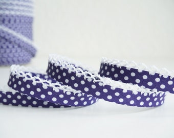 3 yards Purple Polka Dots Lace Trim, Double Fold Bias Tape,Lace Edged Binding Tape,Polka Dot, Bias Binding, Fabric Trim,Purple