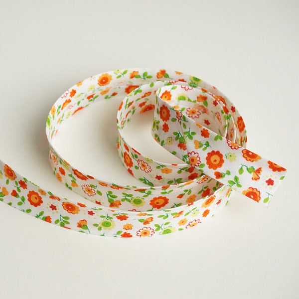 Floral Bias Tape, 3 yards, Floral Bias Binding, Double Fold Bias Tape, Bias Trim, Bias Binding, Decorations, Orange Flowers