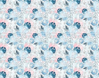 Blue & Pink winter flower knit fabric by the yard for dressmaking, sewing sweatshirt | Floral french terry fo women's Christmas apparel | B