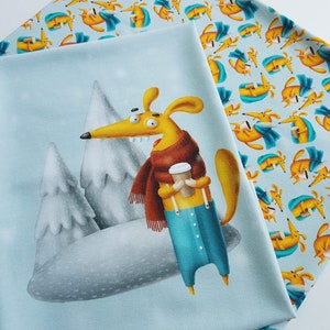 Fox fabric panel for boy's sweatshirt, hoodie sewing Made of spandex cotton Funny wild animal drinking cocoa in snowy forestChristmasB image 6