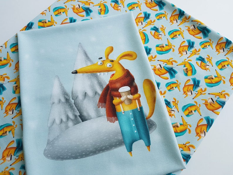 Fox fabric panel for boy's sweatshirt, hoodie sewing Made of spandex cotton Funny wild animal drinking cocoa in snowy forestChristmasB image 6