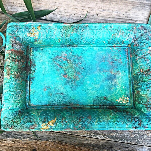 Coffee Table Tray , Vanity Tray , Centerpiece Holder , Desk Tray , Faux Patina Home Decor , Faux Patina Metal , Hand Painted Metal Tray