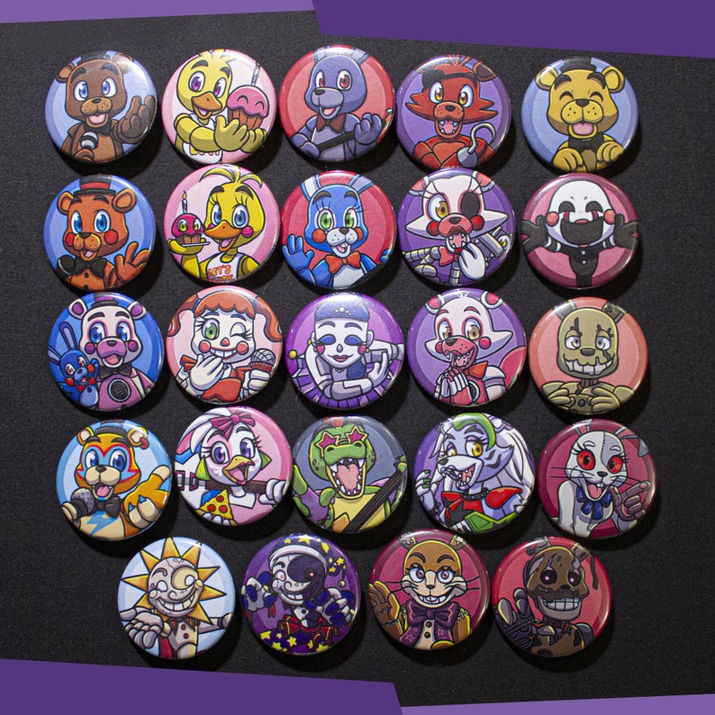 May include: A collection of 20 round buttons featuring various characters from the popular video game franchise Five Nights at Freddy's. The buttons are colorful and feature a variety of characters, including Freddy Fazbear, Bonnie the Bunny, Chica the Chicken, Foxy the Pirate Fox, and more.