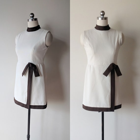 60's micro mini dress / creme and brown polyester