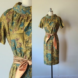 Vestido de los años 60 / Vestido recto de algodón marrón para el día / Vestido con efecto deshilachado / Vestido camisero de algodón / Vestido con estampado floral de acuarela / Vestido de otoño talla XS